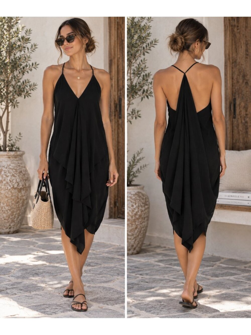 ANGL Los Angeles Boutique Draped Little Black Dress LBD Summer Sexy Flowy S